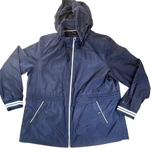 Tommy Hilfiger Women Navy Windbreaker Jacket Hooded Drawstring Waist Size XL